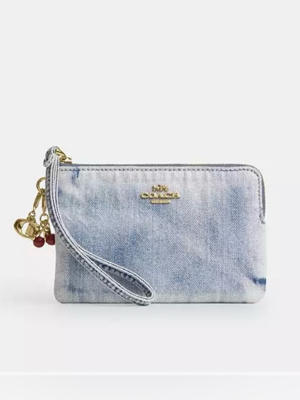 🍒New Coach Corner Zip Wristlet w/ 2 Charms in Loved Denim Gold/ Indigo